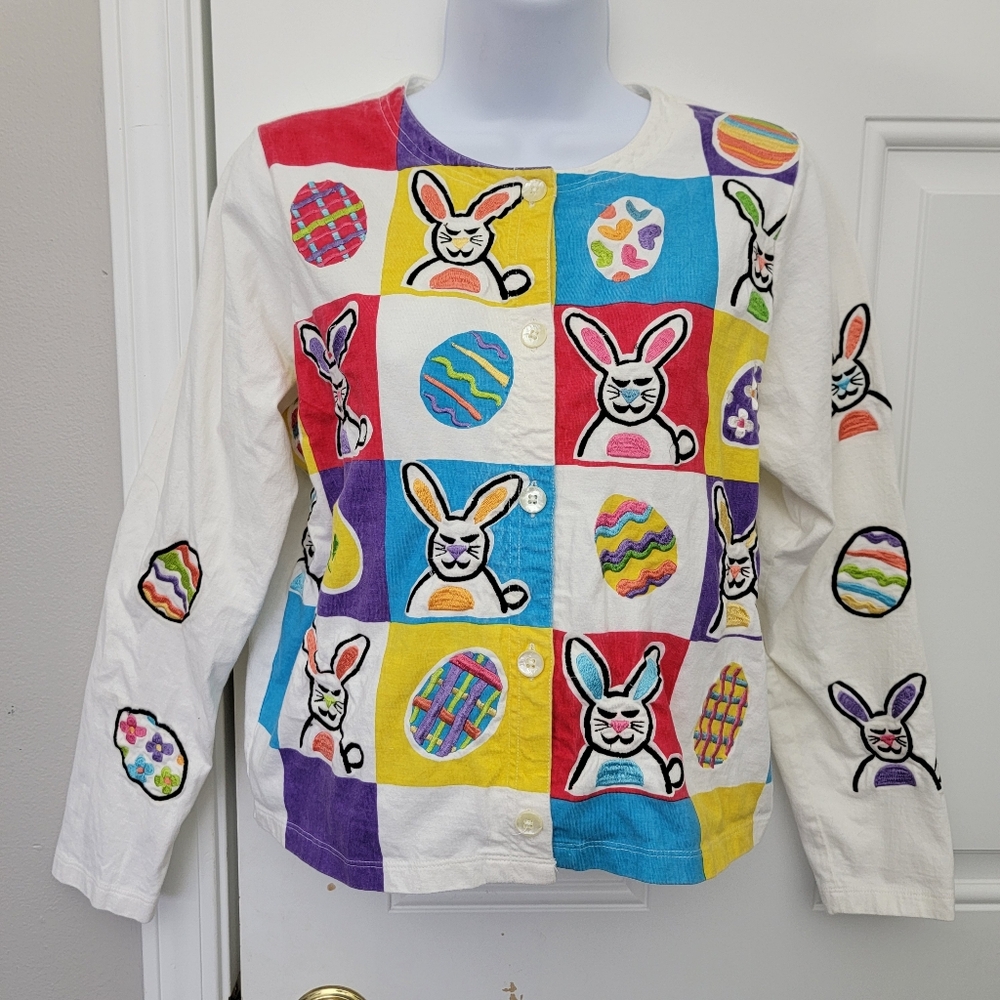 Vintage Michael Simon Easter Bunny Eggs Thin Cardigan White Sweater Size Small